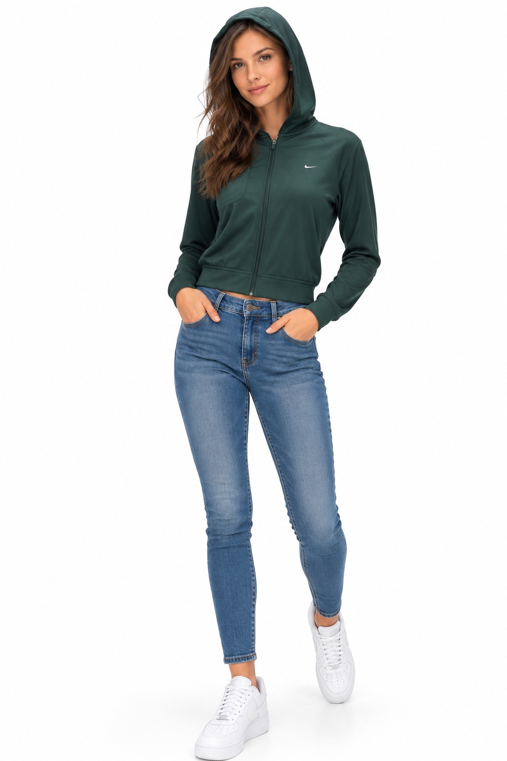 Дамски спортен суитшърт Nike Dri-Fit  221917-350-M 10-146  Dri-Fit технология  Дълъг ръкав  Къса кройка  Тъмнозелен  M