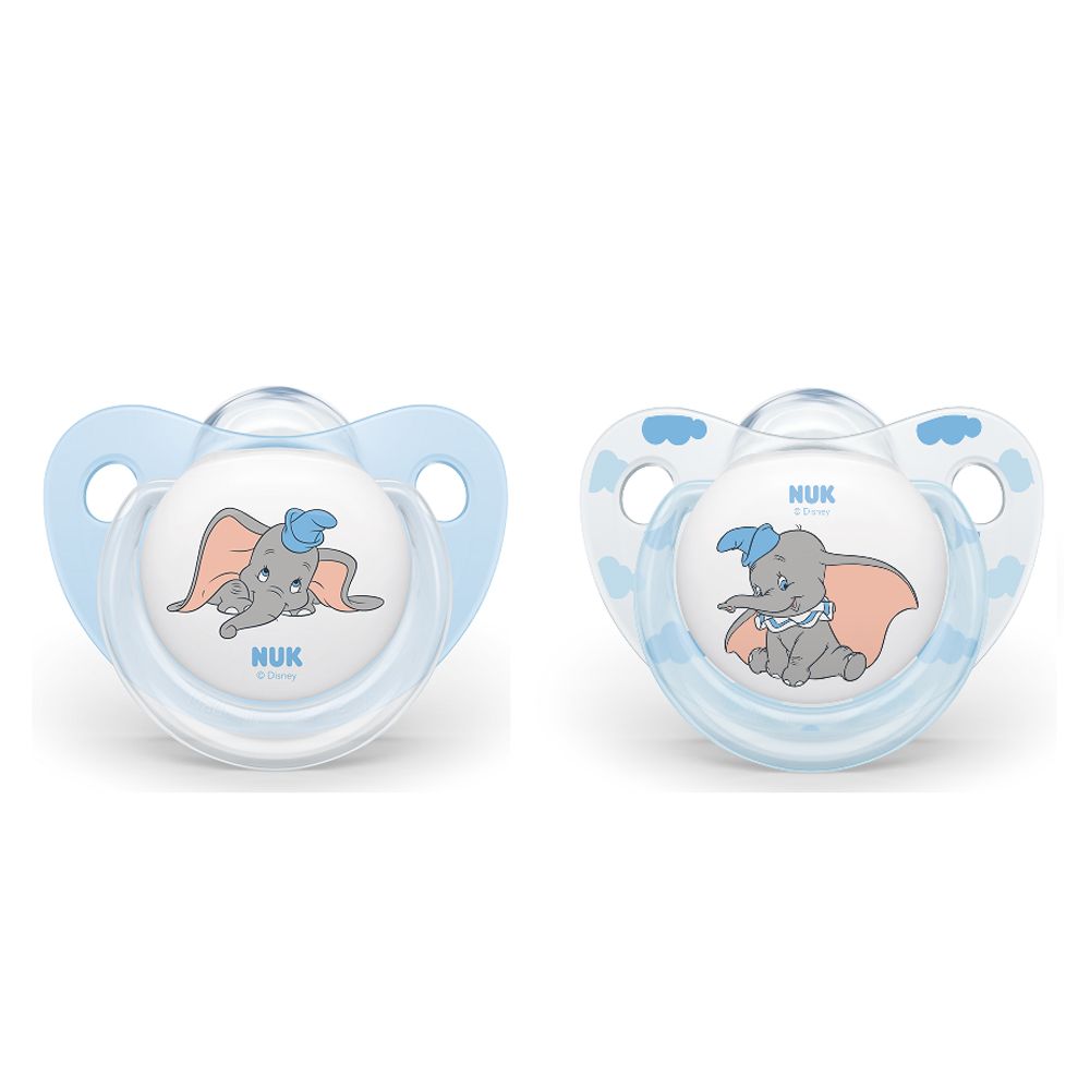 Комплект залъгалки NUK 231996237 20-33  Ортодонтични  Силиконови  Дъмбо  0-6 м  2 броя  Прозрачен Син