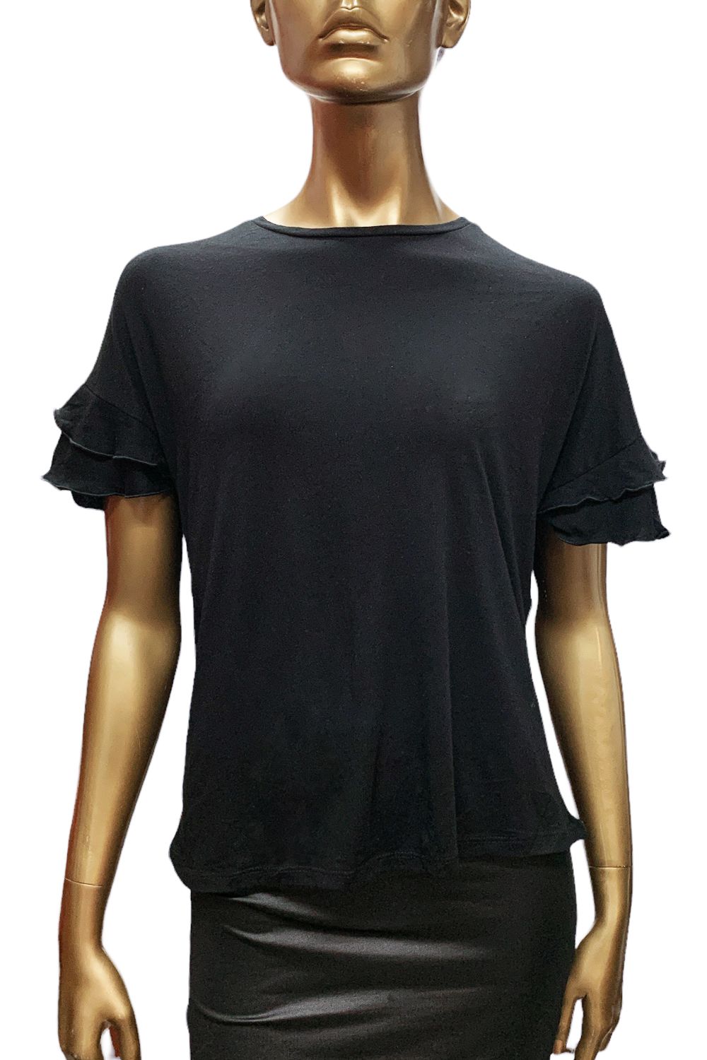 Дамска тениска Stradivarius #9001026 10-444, Къдрици на ръкавите, Памук, S, Черен