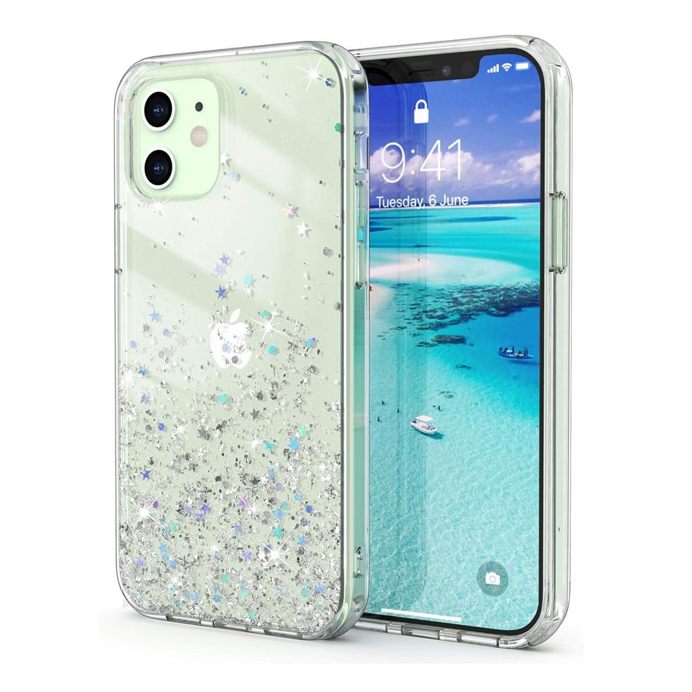 Кейс JUP  7402339 8865-23  За iPhone 12 12 Pro  С блестящи сребристи звезди  Прозрачен  TPU   PC  6 1 quot 