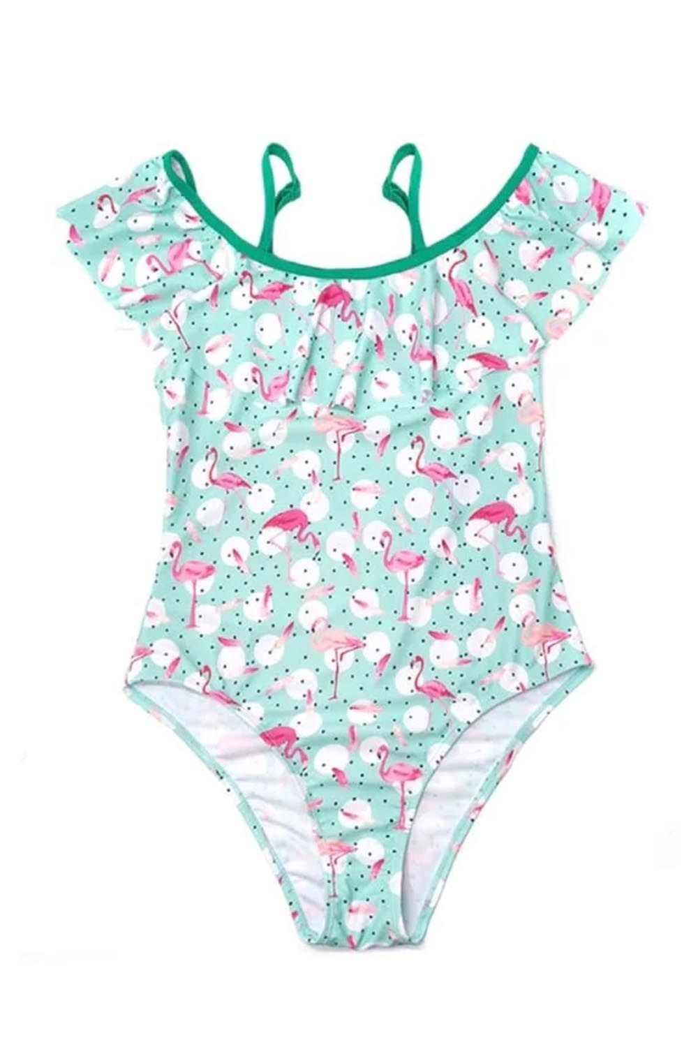 Детски цял бански SHEKINI 4114-H26Y 5943805 8865-45  С къдрица  На точки  С фламинго  Мента  6-8 год  110-125cm