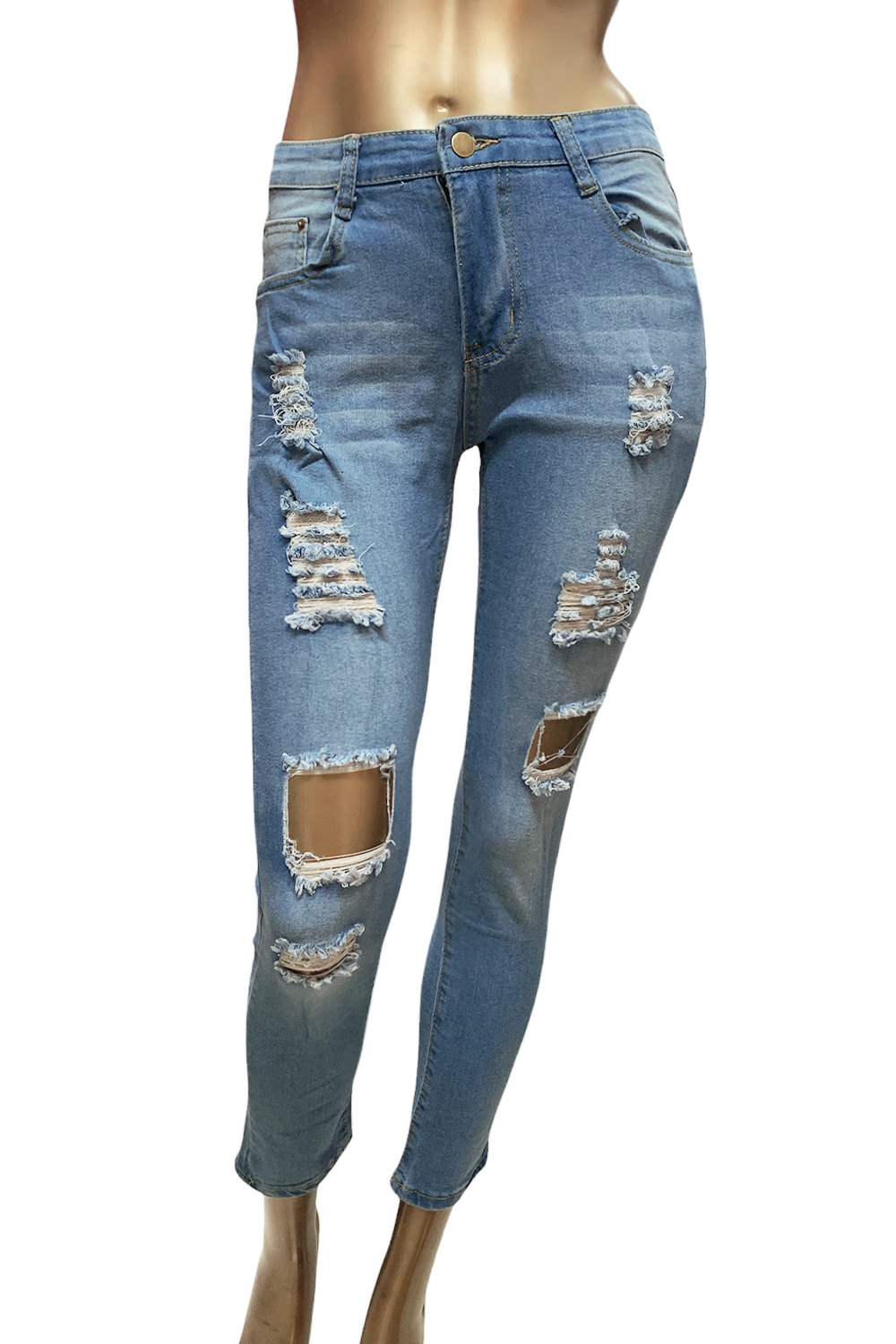 Дамски дънки JUP  Накъсан модел  Средна талия  Slim Fit  Син