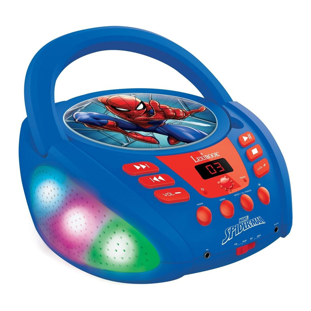 Детски CD плейър Lexibook Spider-Man 3089928 1-149, Bluetooth 5.0, LED светлинни ефекти, 20.5 х 23.8 cм, Син/Червен, Разопакован продукт(Open-box item), опаковано в алтернативна опаковка, без оригинална опаковка, Мостра от магазина