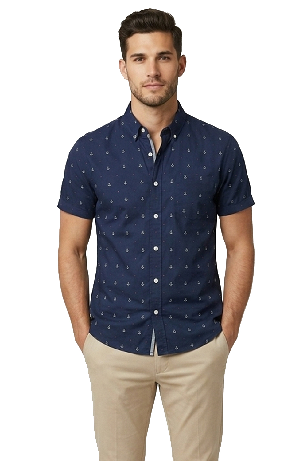 Мъжка риза Goodthreads 0851166-0 16037-ROC-7  Slim Fit  Десен с котви  Къс ръкав  Памук  S  Тъмносин