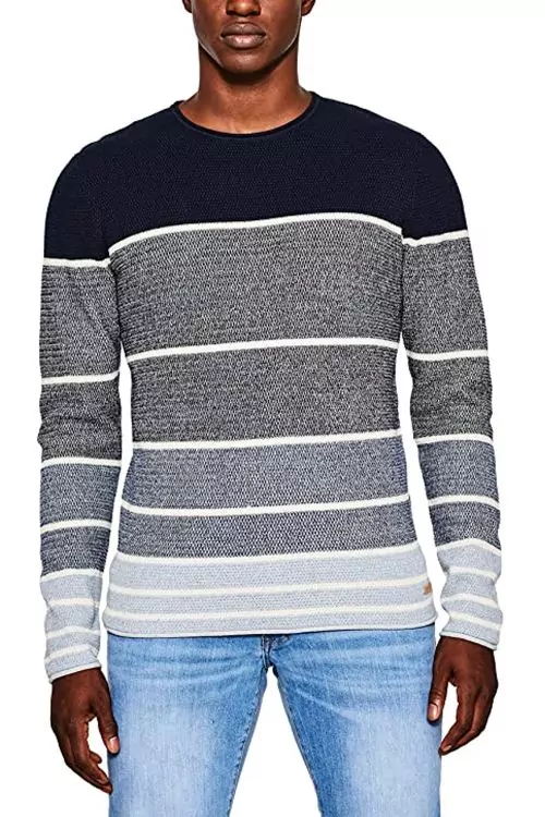 Мъжки пуловер edc by ESPRIT 180954674-10-32  Slim Fit форма  Памук  Райе  Тъмносин  M