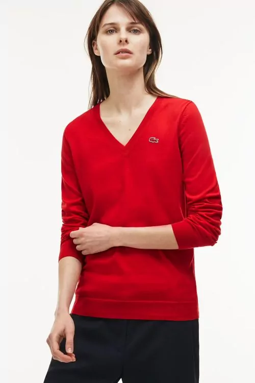Дамски пуловер Lacoste 184476475 10-17  Триъгълно деколте  Тънък  Памук  Червен  M