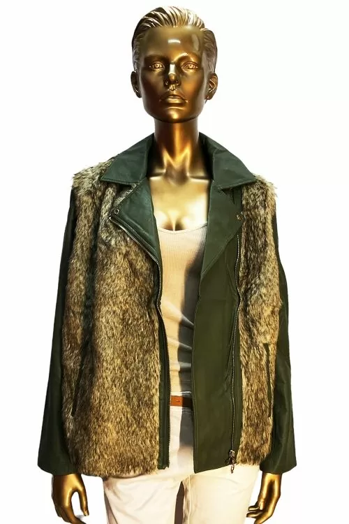 Дамско яке Bonprix Collection 5310536 10-203  Еко кожа и еко косъм  Странични джобове  Маслиненозелен  46 XL