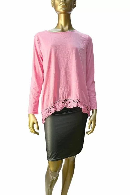 Дамска блуза My Dress Room  16755071 10-101  С дантела по краищата  Дълъг ръкав  Розов  Размер L