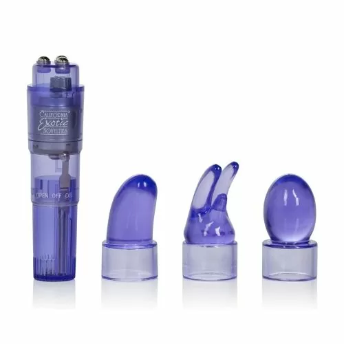 Мини интимен масажор California Exotics 042118 10-242  Shanes World Passion Massager  3 сменяеми накрайника  10 x 2 5 см  Лилав