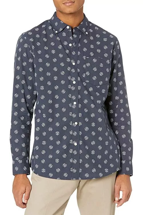 Мъжка риза Find Goodthreads 0642573-A14783  Standard Fit  Дълги ръкави  С джобче  Флорален принт  Памук  Тъмносин Бял  EU S