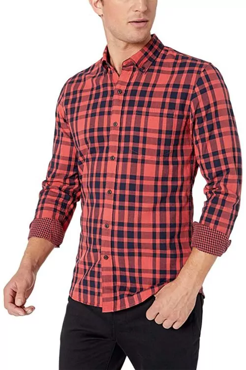 Мъжка риза Find Goodthreads 0837849-A14783  Slim-Fit  Дълги ръкави  С джоб  Памук  Каре  Тъмносин Червен  EU XS