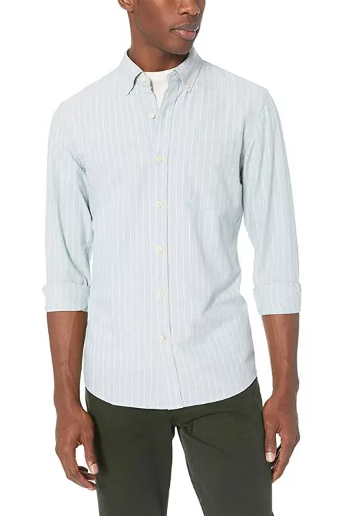 Мъжка риза Find Goodthreads 0839881-A14783  Oxford  Slim-Fit  Дълги ръкави  С джобче  Памук  Райе Син Бял  EU S