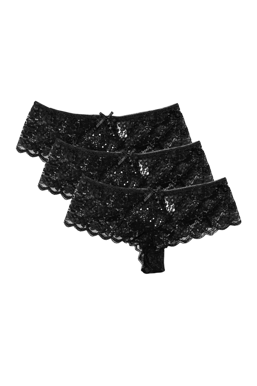 Комплект дамски бикини Pearl Esque  3 броя  Дантела  Блестящи камъчета  Черен