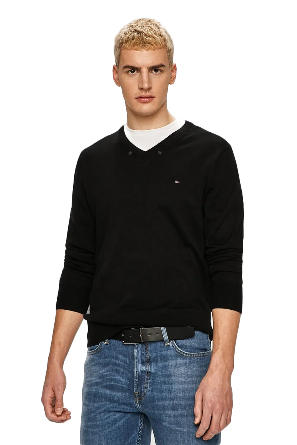 Мъжки пуловер Tommy Hilfiger Golf Е- 16256889 10-100  V-образно деколте  Памук  XXL  Черен