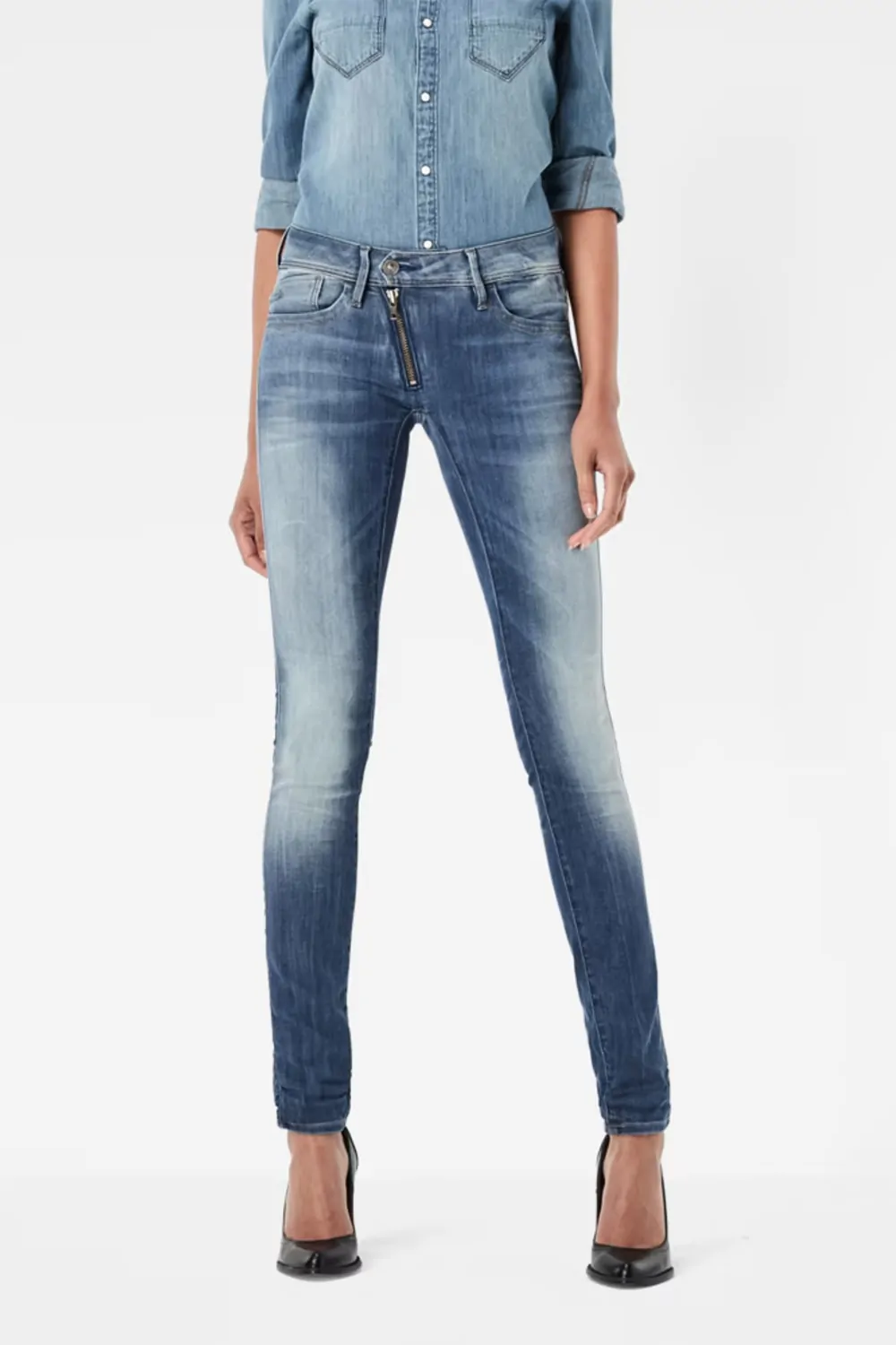 Дамски дънки G-Star RAW Lynn Zip Bionic Slander Superstretch, Средна талия, Стеснен крачол, Син