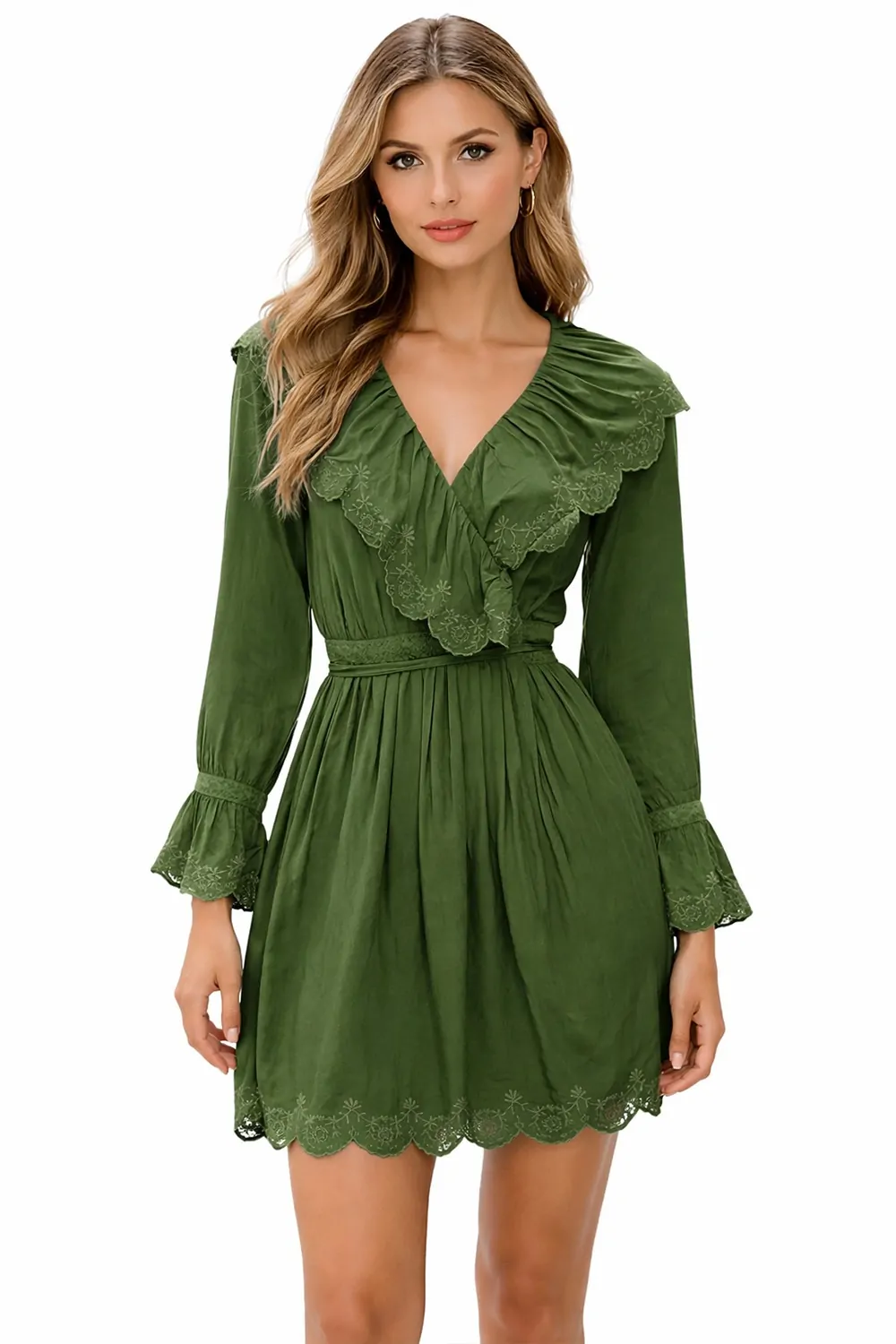 Дамска къса рокля Karen Millen 5713514-0 16121-4  Ruffle дизайн  Вискоза  Памук  34 EU  UK 6  XS  Каки