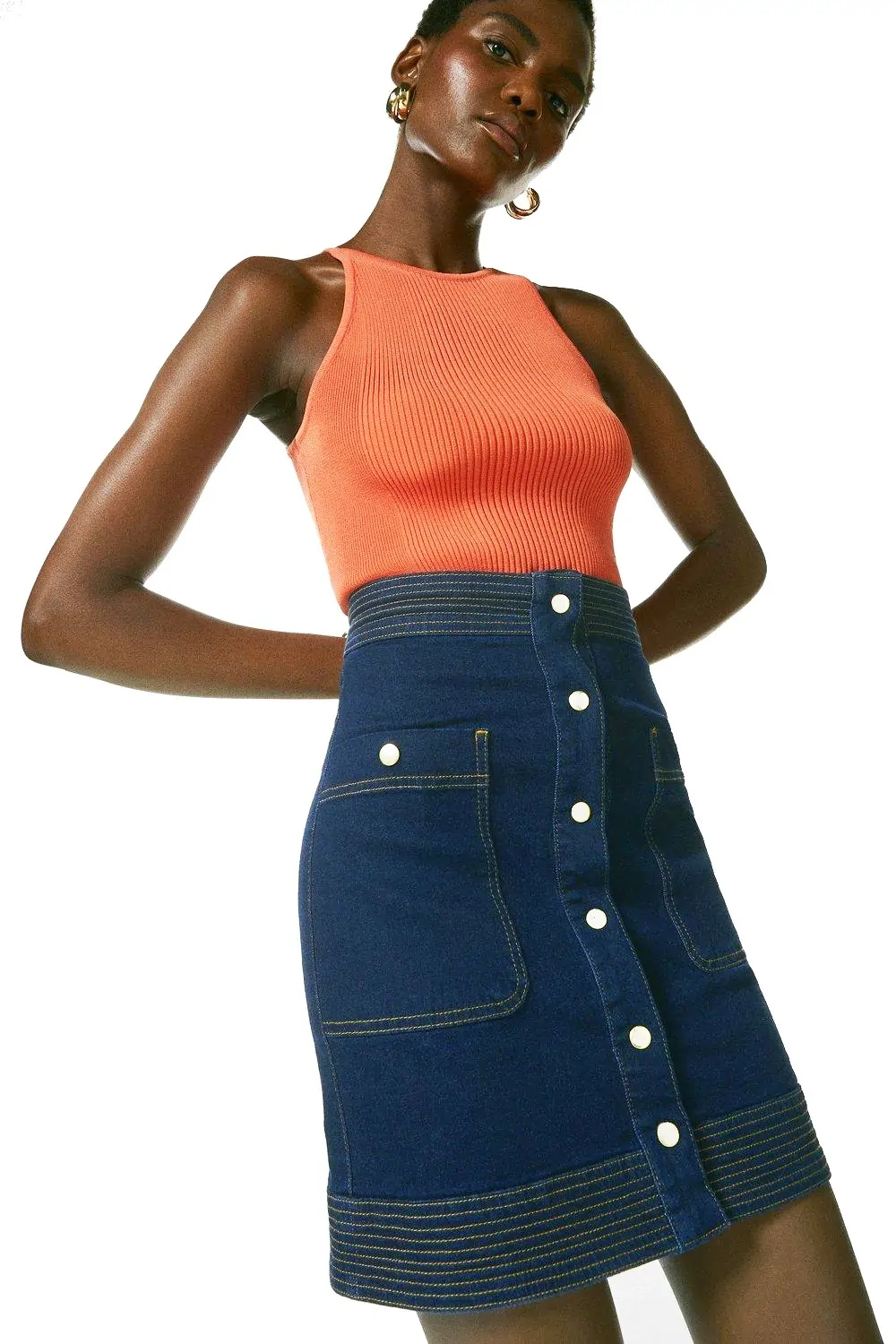 Дамска пола Karen Millen Denim Snap Front  1670216 16121-6  Деним  Копчета по цялата дължина  Мини дължина  UK 8  S  EU 36  Тъмносин