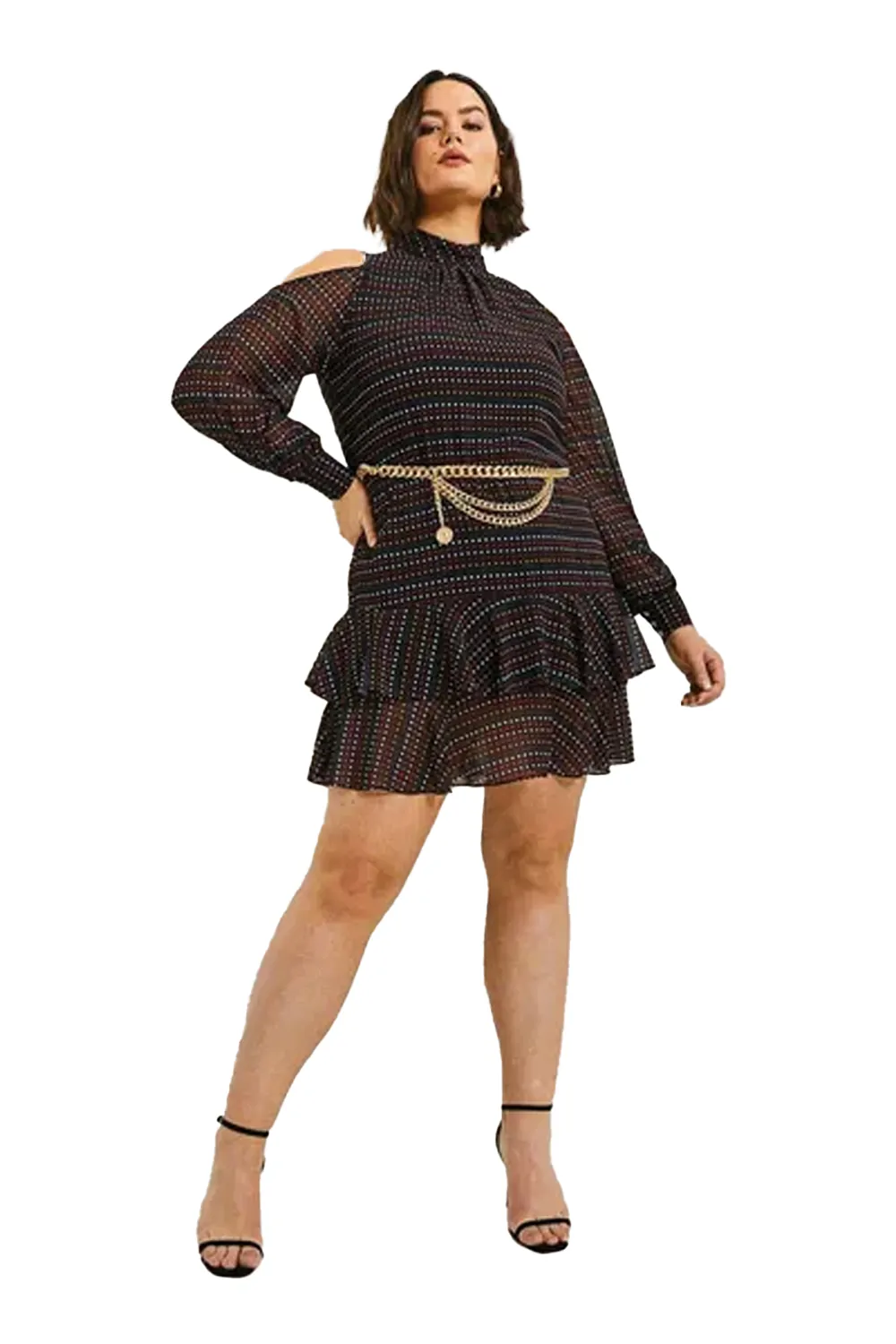 Дамска рокля Karen Millen Curve Cold Shoulder Spot  Черен с бели точки
