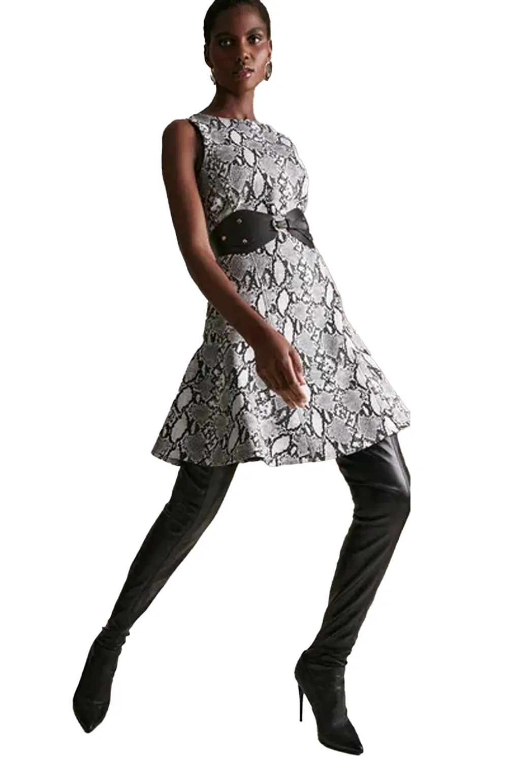 Дамска рокля Karen Millen Snake Print Jacquard Belted  С колан  Черен Сив Бял