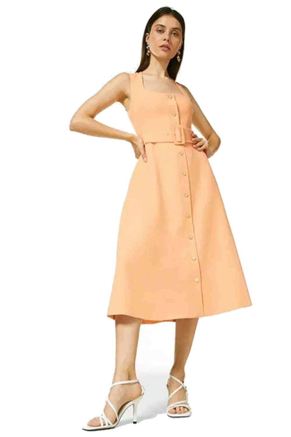 Дамска рокля Karen Millen Square Neck Safari Belted  8185120 16121-3  Без ръкави  Колан  Миди дължина  UK 12  M  Apricot  Цвят Кайсия