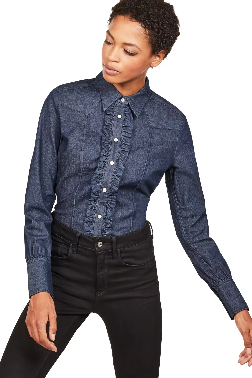 Дамска дънкова риза G-Star RAW Tacoma Clean Slim Frill Shirt  Light Weight Naryn Stretch  Памук  Тъмносин