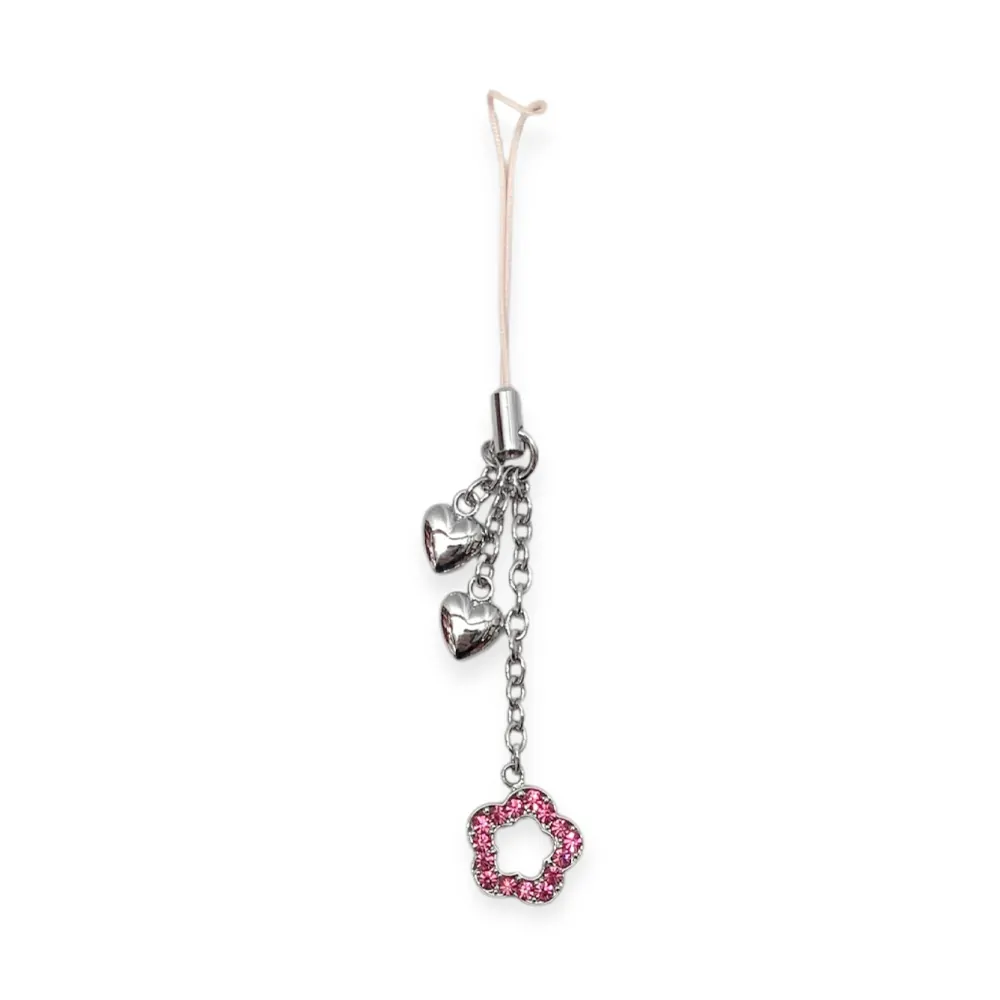 Декоративен phone charm Russ Berrie  93191-13 O  Сърца с цвете  За телефон  чанта  10 см  Сребрист Розов