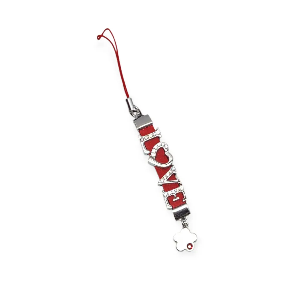 Декоративен phone charm Russ Berrie *93191-3 O, Надпис LOVE, За телефон, чанта, 10 см, Сребрист/Червен