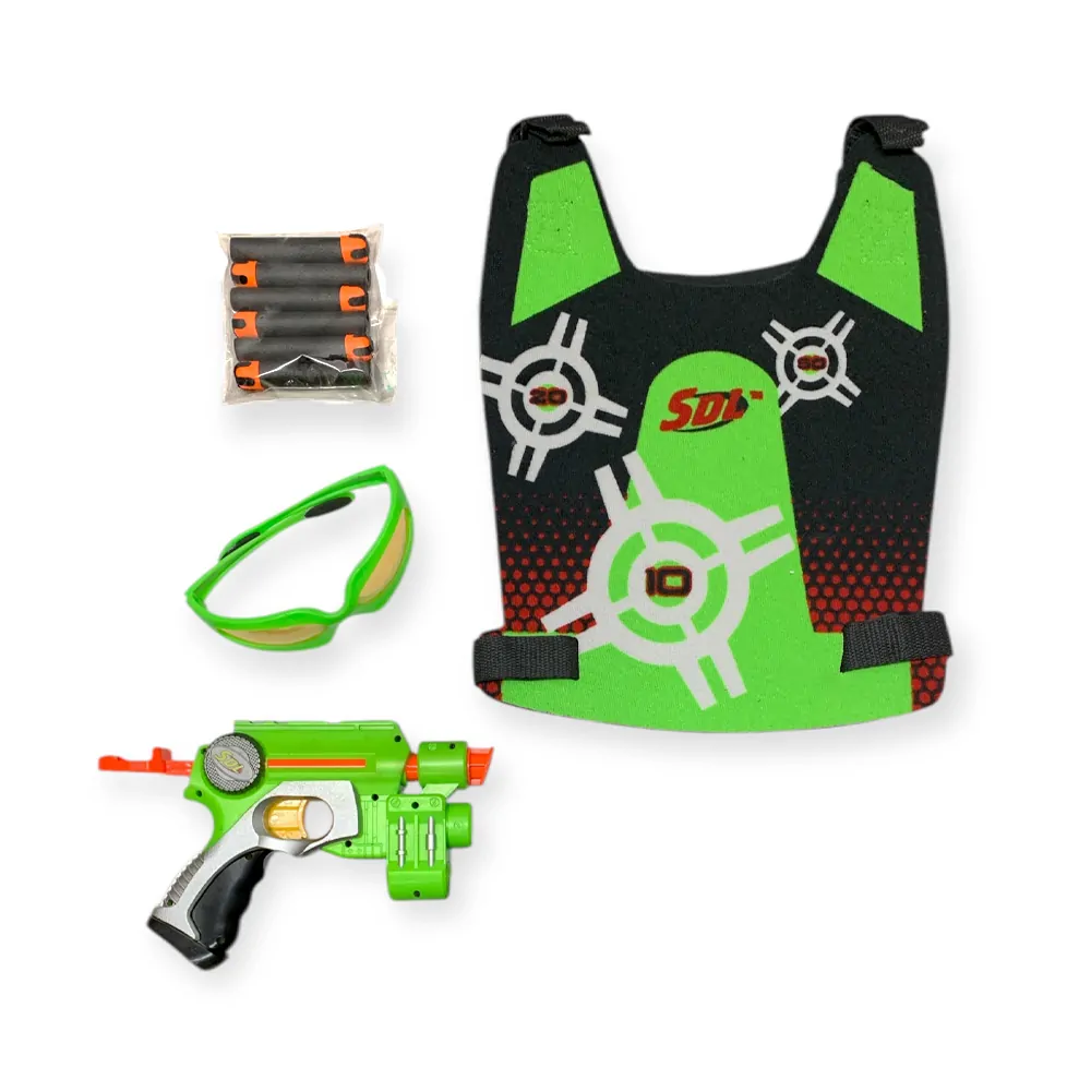 Детски комплект за игра със стрелба Chippo SDL 628972 1-152  Бластер с лазерен лъч  6 меки стрели  жилетка и очила  Зелен