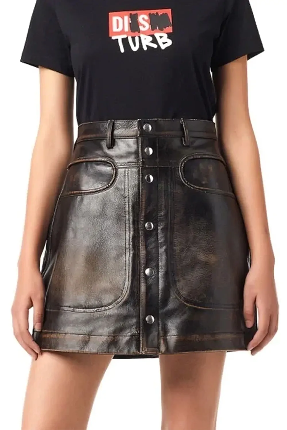 Дамска кожена мини пола Diesel L-Lia 1001469 16121-28  Distressed ефект  Телешка кожа  W23  Кафяв