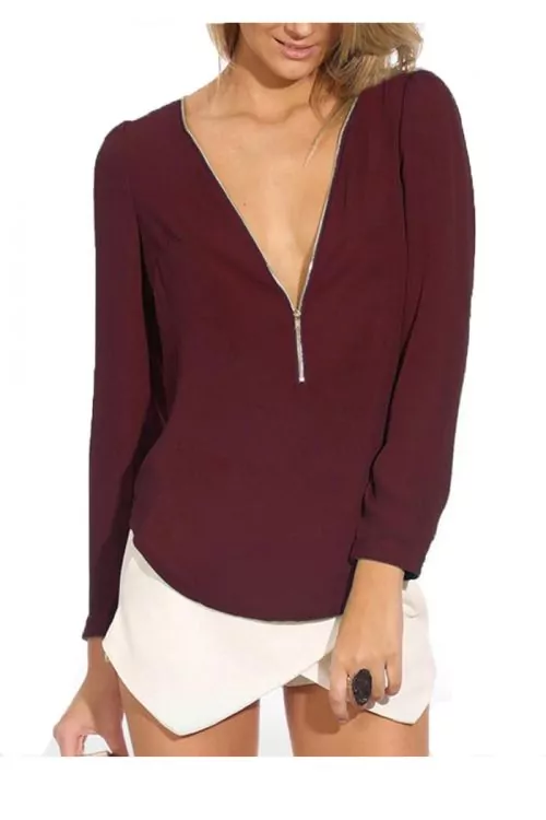 Дамска блуза JUP BL-ZIP-TRP-D-WN-L, С деколте с цип, Прозираща, Бордо, L
