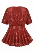 Дамска блуза GRACE KARIN 3393009 8865-24, Пайети, Къс ръкав, V-образно деколте, Червен, S_1