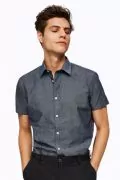Мъжка риза Slim fit Selected Homme 16073627 10-74, Къс ръкав, Органичен памук, Сив, L/42_0